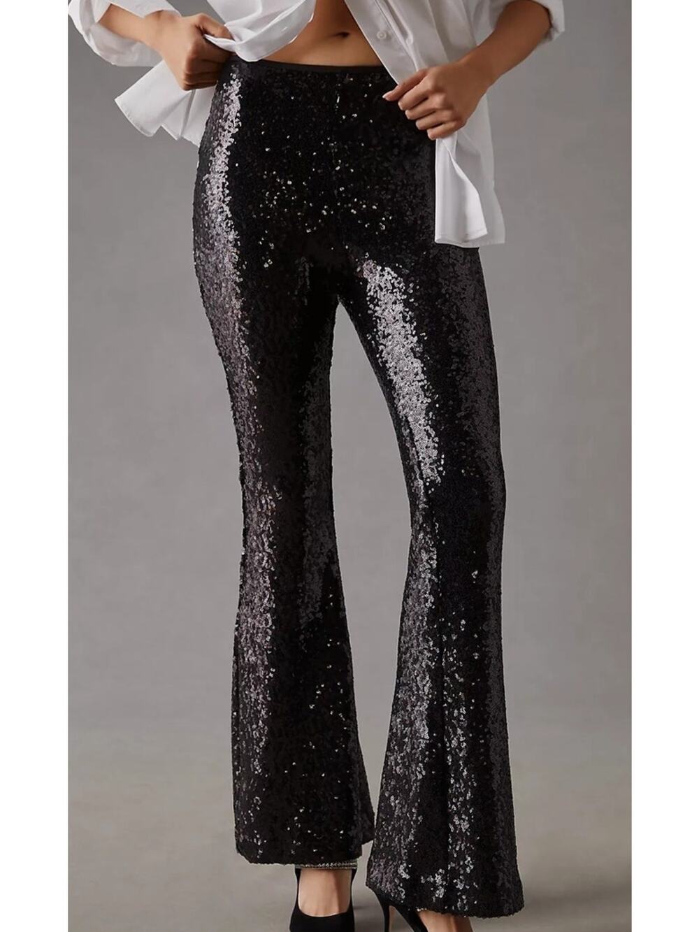 Anthropologie Joni Sequin Flare Pants Poly Stretch Lined Black Size 4 Petite